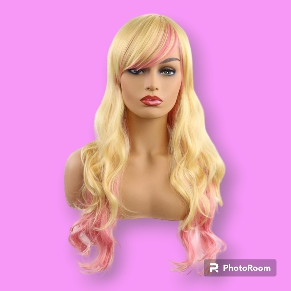 Pink & Blonde Long Wavy Synthetic Wig
